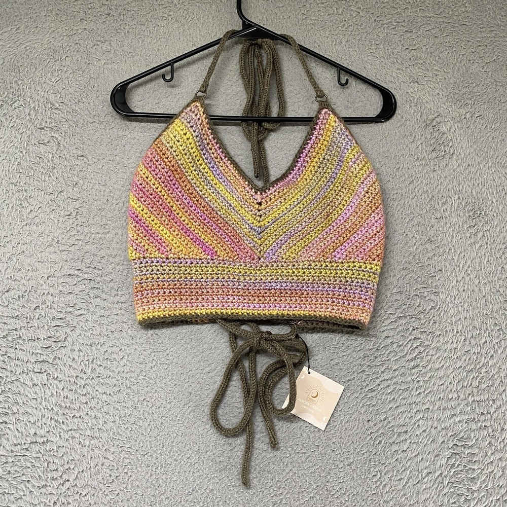 Handmade Crochet Halter Tank Womens Large Crop Lace Up Boho Beachy Festival Rave
